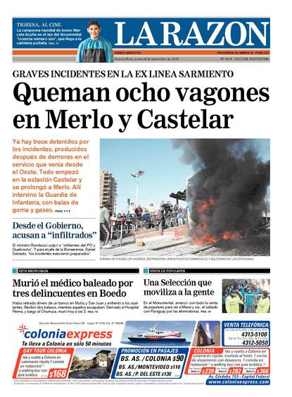 Portada de La Razón, Jueves 4 de septiembre de 2008